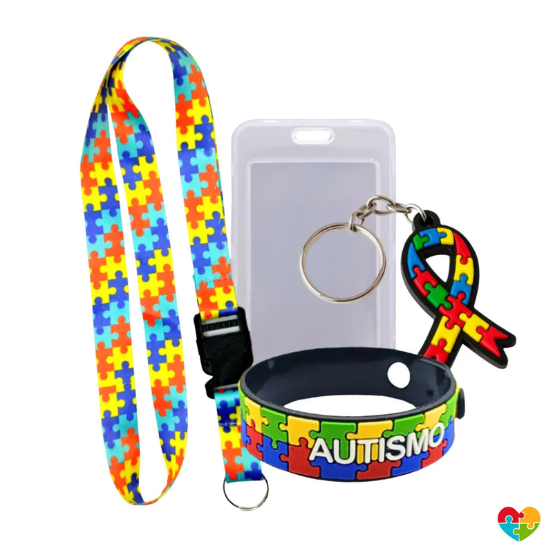 Kit Identificação Autismo Tea: Cordão + Pulseira Silicone + Chaveiro + Crachá Rígido